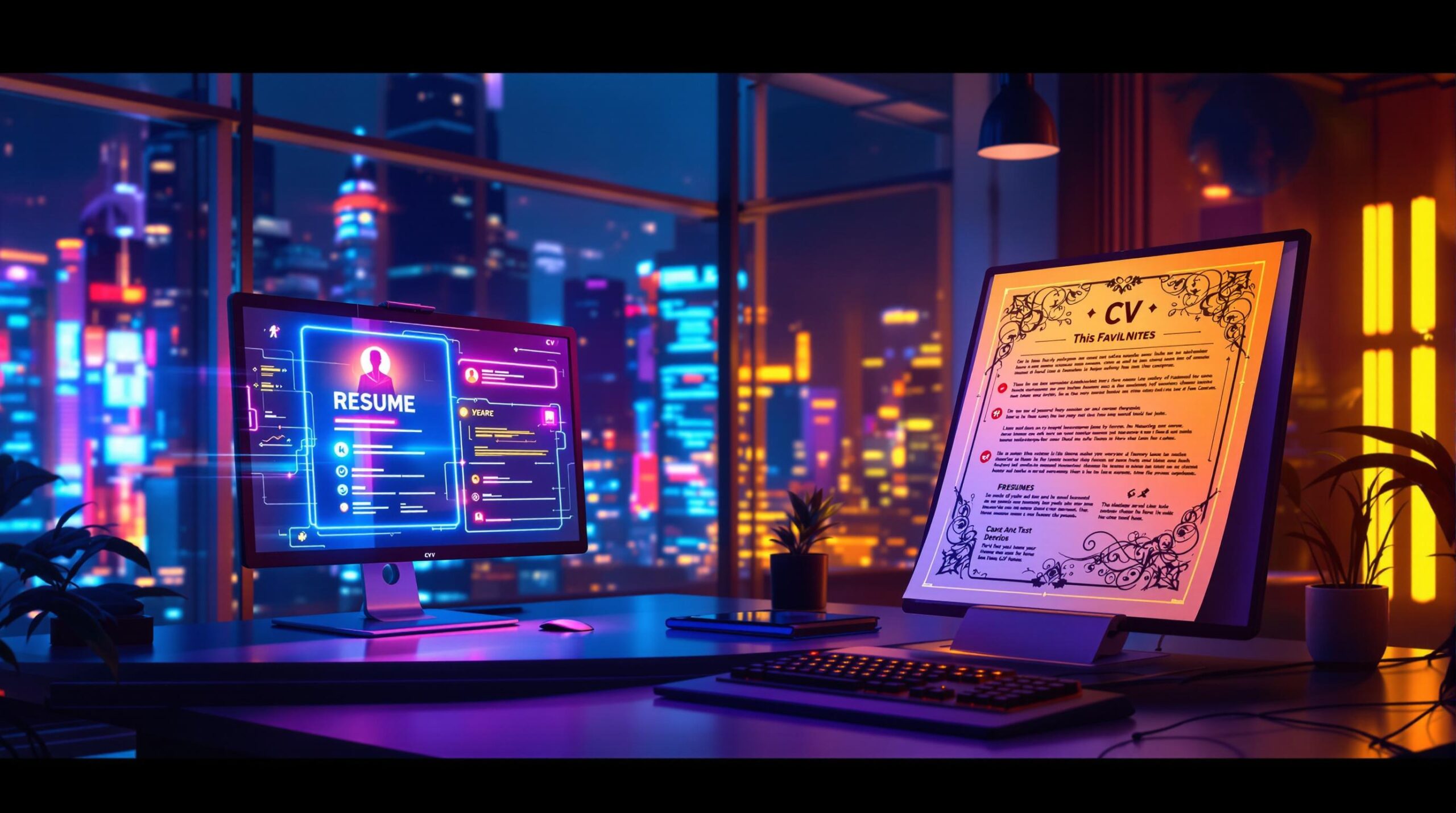 Computer screen displaying a digital resume next to a printed CV on a futuristic desk, with a city skyline in the background.